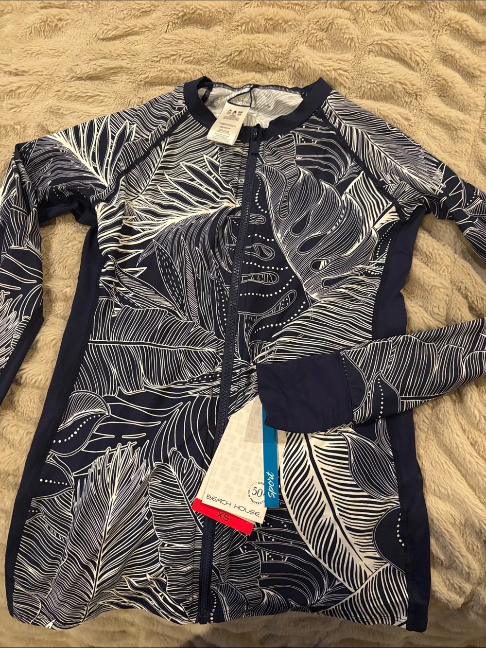 Beach House Navy & White Tropical Leaf Zip Rash Guard